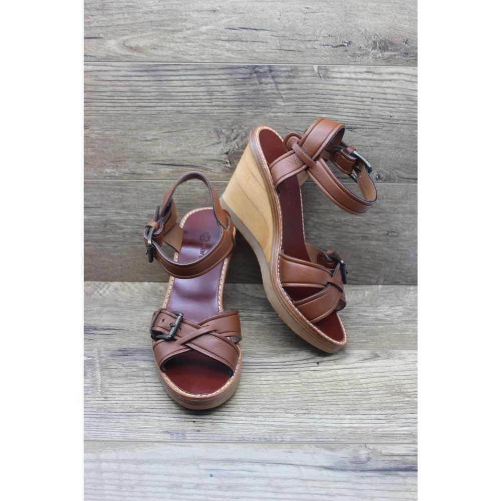 Bawcock wood leather adjustable buckle cross strap wedge sandals 37